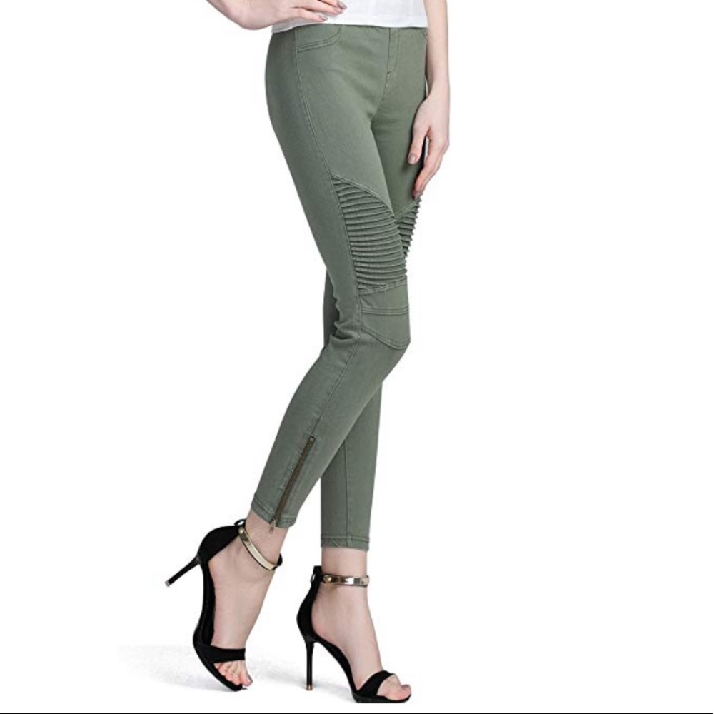 Olive green Moto leggings with zipper ankle detail